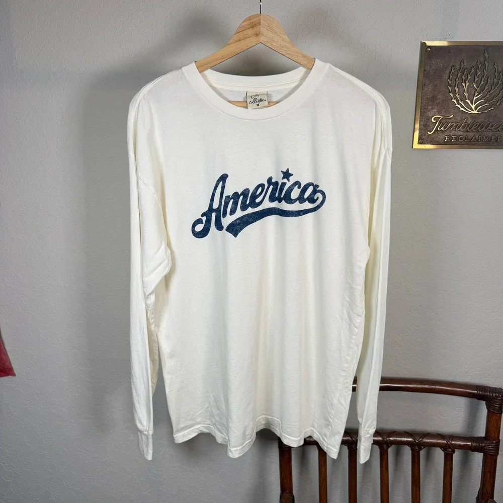 Oat Collective Womens America Graphic Long Sleeve Tee Cream Navy Blue Size M - Picture 9 of 9